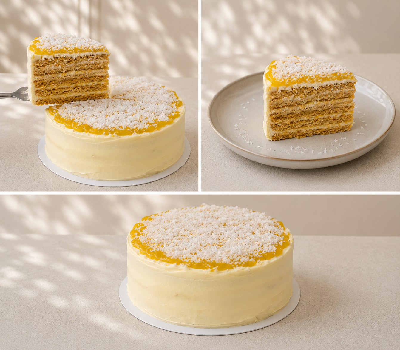 Mango layered Honey Cake with a slice removed, showing its interior layers.