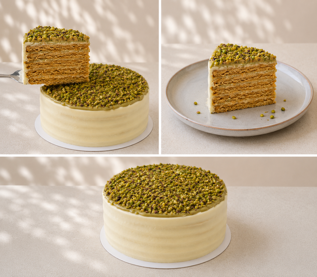 Pistachio layered Honey Cake with a slice removed, showing its interior layers.

