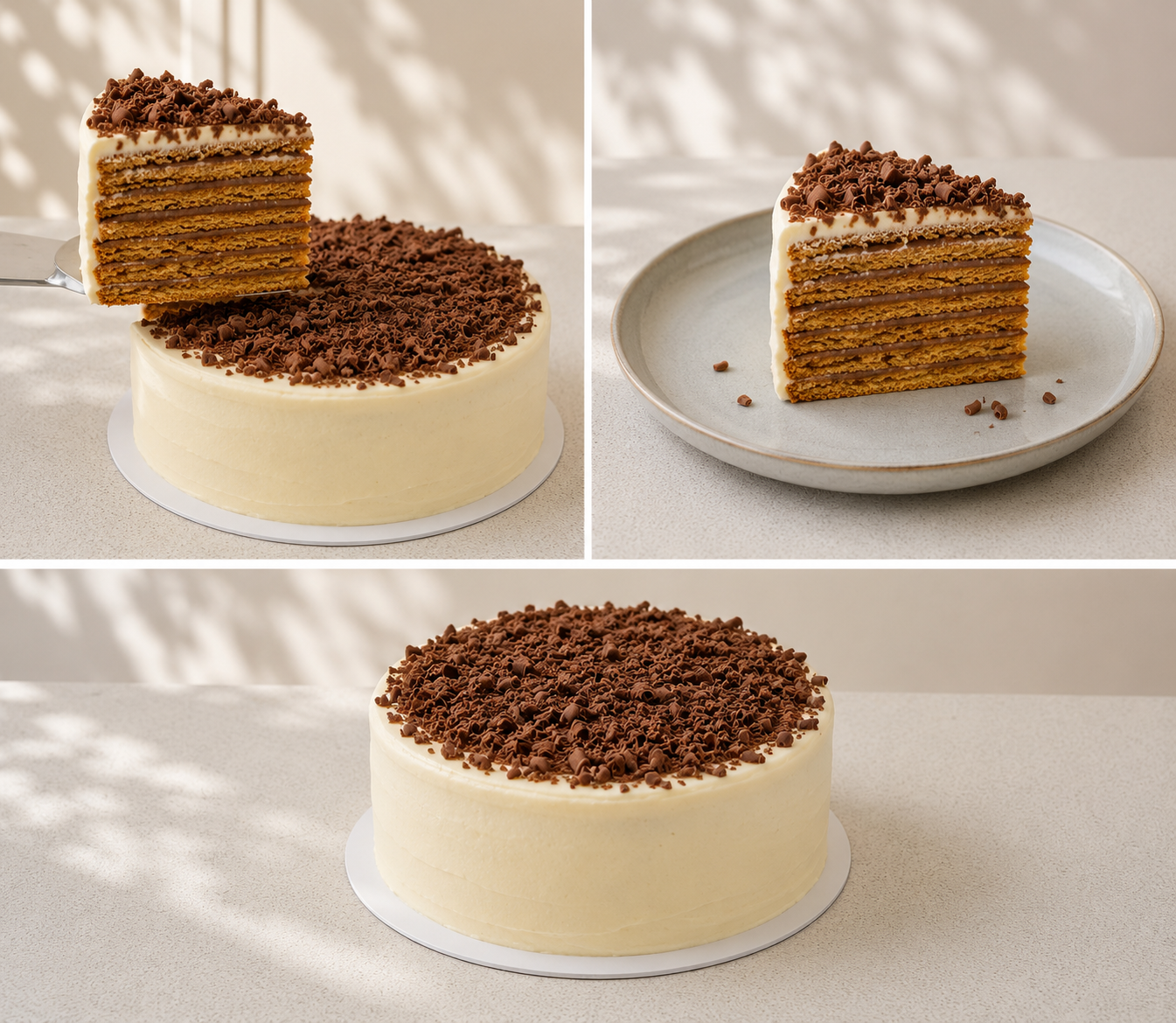 Nutella layered Honey Cake with a slice removed, showing its interior layers.