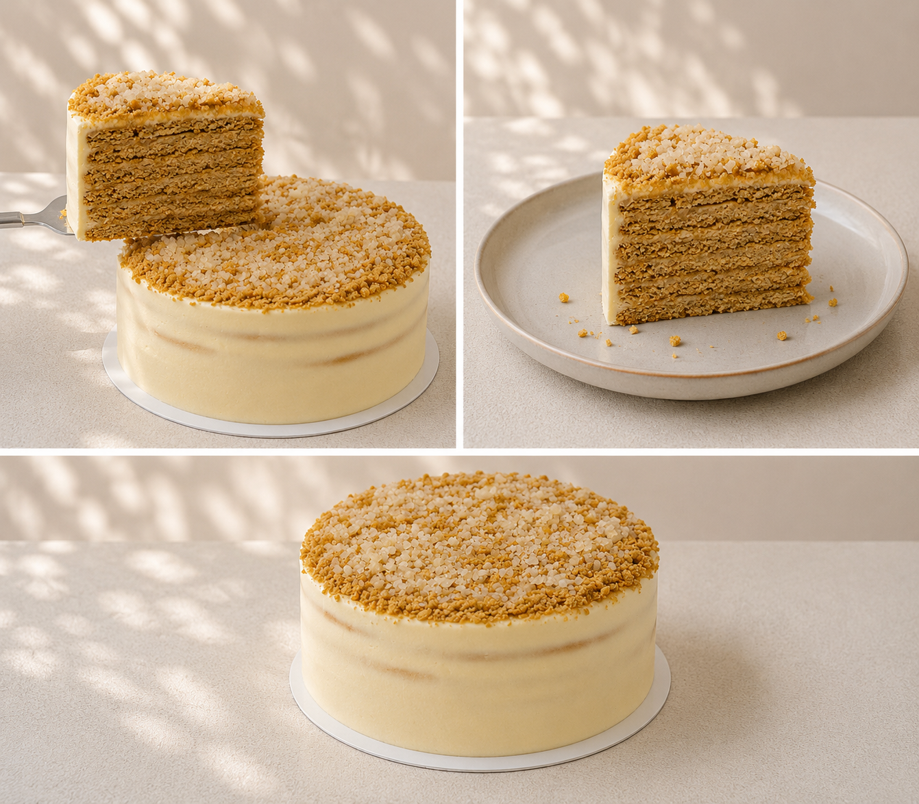 original caramel layered Honey Cake with a slice removed, showing its interior layers in Melbourne.