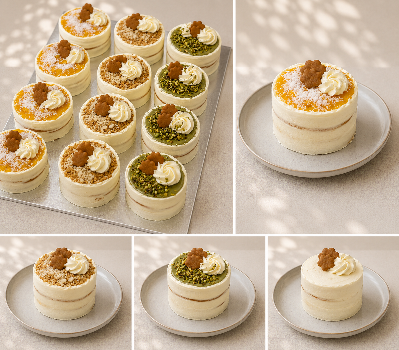 Individual portion-sized mini cakes in assorted flavours, including mango coconut, pistachio, crumbed nut, and vanilla cream, each topped with a whipped cream swirl and flower-shaped biscuit.